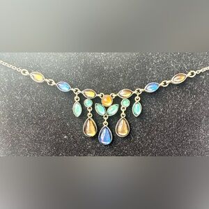 Vtg Avon SAQ Bronze Tone Dangle Multi-Color Rhinestone 16" Necklace w/Claw Clasp